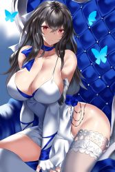 Rule 34 | 1girl, absurdres, azur lane, bad id, bad pixiv id, bare shoulders, blush, breasts, bug, butterfly, choker, cleavage, collarbone, dress, earrings, elbow gloves, evening gown, fary5, fingerless gloves, gloves, grey hair, highres, insect, jewelry, large breasts, long hair, looking at viewer, red eyes, saint-louis (azur lane), saint-louis (holy knight&#039;s resplendence) (azur lane), saint-louis (holy knight&#039;s resplendence) (azur lane), sitting, thighhighs, white dress, white gloves, white thighhighs