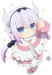 Rule 34 | 1girl, :|, beads, blue eyes, blush, bow, child, closed mouth, commentary request, dated, dragon girl, dragon horns, dress, gradient hair, hair beads, hair bow, hair ornament, hairband, highres, horns, kanna kamui, kobayashi-san chi no maidragon, long sleeves, looking at viewer, multicolored hair, pink footwear, puffy sleeves, purple hair, samansa ex, socks, solo, tail, white background, white hair, white socks