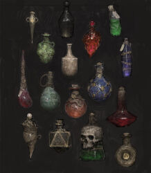 ariel_perez black_background bottle fantasy flask glass_bottle highres no_humans object_focus original potion skull still_life tag vial