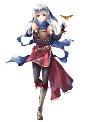 Rule 34 | 1girl, bare shoulders, belt, bird, black gloves, black pantyhose, blue scarf, book, boots, bracelet, chinese clothes, dress, elbow gloves, english text, eyebrows, fingerless gloves, fire emblem, fire emblem: radiant dawn, full body, gloves, grey eyes, hair ribbon, half updo, highres, holding, holding book, jewelry, knee boots, konataeru, leg up, lolita fashion, long hair, looking at viewer, micaiah (fire emblem), nintendo, pantyhose, parted lips, ribbon, scarf, side slit, sign, silver hair, simple background, sleeveless, sleeveless dress, smile, solo, traditional clothes, twintails, twitter username, walking, white background, yellow eyes, yune (fire emblem)