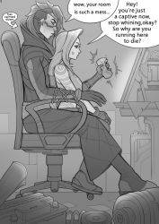 Rule 34 | 1boy, 1girl, anger vein, angry, asymmetrical bangs, chain, chained, chair, diter-trsey, english text, from side, gloves, greyscale, highres, jacket, jinx (league of legends), kayn (league of legends), league of legends, long hair, monitor, monochrome, odyssey kayn, on lap, pants, shoulder tattoo, sitting, speech bubble, table, tattoo