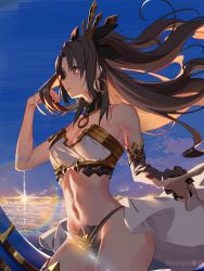 Rule 34 | 1girl, artist name, bandeau, bare shoulders, bbsucg, bikini, black bikini, black hair, blue sky, breasts, cleavage, cowboy shot, day, detached collar, detached sleeves, earrings, fate/grand order, fate (series), floating hair, hand up, highres, hoop earrings, ishtar (fate), jewelry, lens flare, long hair, medium breasts, midriff, navel, outdoors, parted lips, red eyes, sky, solo, stomach, strapless, swimsuit, tiara, tube top, two side up