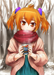 Rule 34 | 1girl, akita neru, alternate hairstyle, blonde hair, blush, can, hair ornament, highres, magu (mugsfc), orange eyes, scarf, smile, snow, solo, sweater, tree, twintails, vocaloid