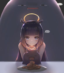 Rule 34 | 1girl, blue eyes, blunt bangs, cookie, fang, food, halo, highres, hololive, hololive english, long hair, multicolored hair, ninomae ina&#039;nis, ninomae ina&#039;nis (1st costume), open mouth, orange hair, plate, pointy ears, purple hair, sidelocks, takodachi (ninomae ina&#039;nis), tallgeese (lgeesel), tentacle hair, tentacles, very long hair, virtual youtuber