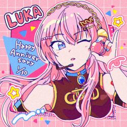 Rule 34 | 1girl, blue eyes, blush, brown shirt, character name, dated, food, happy anniversary, headset, hitopm, holding, holding food, macaron, megurine luka, pink hair, shirt, sleeveless, sleeveless shirt, solo, vocaloid