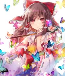 Rule 34 | 1girl, ascot, bow, brown hair, bug, butterfly, closed mouth, detached sleeves, frilled bow, frilled shirt collar, frilled sleeves, frills, glowing butterfly, gohei, hair bow, hair tubes, hakurei reimu, half updo, holding, insect, kazu (muchuukai), long hair, looking at viewer, motion blur, nontraditional miko, red bow, red eyes, ribbon-trimmed bow, ribbon-trimmed sleeves, ribbon trim, shide, sidelocks, simple background, solo, too many, touhou, upper body, white background, wide sleeves, yellow ascot