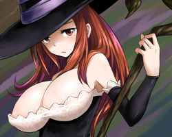 Rule 34 | 1girl, areola slip, bare shoulders, breasts, brown eyes, brown hair, detached sleeves, dragon&#039;s crown, hat, large breasts, long hair, open mouth, solo, sorceress (dragon&#039;s crown), staff, upper body, vanillaware, witch hat, zaxwu