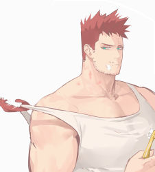 Rule 34 | 1boy, bara, bare shoulders, beard, blue eyes, boku no hero academia, brushing teeth, deavor lover, endeavor (boku no hero academia), facial hair, feathers, highres, large pectorals, male focus, mature male, muscular, muscular male, pectoral cleavage, pectorals, red feathers, red hair, scar, scar across eye, scar on face, short hair, sideburns, solo, spiked hair, stubble, tank top, toothbrush, upper body, white background, white tank top