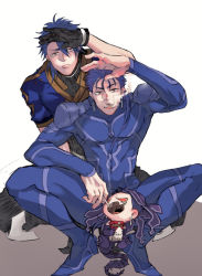 Rule 34 | 1other, 2boys, armor, blue hair, bodysuit, bracelet, chibi, cigarette, cigarette pack, closed mouth, cu chulainn (fate), cu chulainn (fate) (all), cu chulainn (fate/prototype), cu chulainn (fate/stay night), earrings, fate/grand order, fate/prototype, fate/stay night, fate (series), full body, gloves, holding, holding cigarette, jewelry, long hair, male focus, mini cu-chan (fate), moyashi san4, multiple boys, multiple persona, muscular, official alternate costume, open mouth, pauldrons, ponytail, red eyes, shoulder armor, skin tight, smoke, spiked hair, spread legs, squatting, type-moon