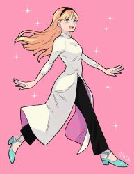 Rule 34 | 1girl, :d, absurdres, alternate costume, animification, blonde hair, blue eyes, breasts, commentary, full body, gwen stacy, hairband, high heels, highres, lab coat, long hair, looking at viewer, marvel, medium breasts, open mouth, pink background, smile, solo, spider-man (series), spider web print, sushi pizza rrr, vietnamese dress