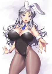 Rule 34 | 1girl, :d, animal ears, bare shoulders, between breasts, blue necktie, blush, breasts, brown pantyhose, covered navel, cowboy shot, curvy, detached collar, fake animal ears, grey eyes, huge breasts, leotard, long hair, looking at viewer, nagase haruhito, necktie, necktie between breasts, open mouth, original, outstretched arms, pantyhose, playboy bunny, purple eyes, rabbit ears, silver hair, simple background, smile, solo, strapless, thick thighs, thighs, white background, wrist cuffs