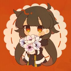 Rule 34 | 1girl, ahoge, black coat, black shirt, blush stickers, bouquet, brown hair, coat, commentary request, covered mouth, e.g.o (project moon), employee (project moon), flower, fur-trimmed coat, fur trim, holding, holding bouquet, hoshizuki sakusa, lobotomy corporation, long hair, long sleeves, low twintails, no nose, open clothes, open coat, orange eyes, project moon, shirt, solo, twintails, upper body