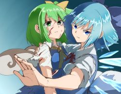 Rule 34 | 2girls, ascot, blouse, blue background, blue bow, blue eyes, blue hair, blue skirt, blue vest, bow, cirno, closed mouth, commentary request, crying, crying with eyes open, cuts, daiyousei, fairy, fairy wings, fingernails, gradient background, green eyes, green hair, hair bow, highres, ice, ice wings, injury, light blue hair, multiple girls, neck ribbon, puffy short sleeves, puffy sleeves, red ribbon, ribbon, shinmon akika, shirt, short hair, short sleeves, side ponytail, skirt, tears, torn ascot, torn clothes, torn shirt, torn vest, touhou, vest, white shirt, wings, yellow ascot