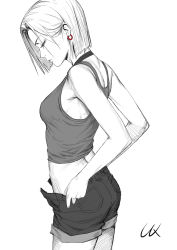 Rule 34 | android 18, ass, asymmetrical bangs, breasts, choker, dragon ball, dragonball z, earrings, flat ass, from side, greyscale, highres, jewelry, l.k, looking down, medium breasts, monochrome, open fly, short hair, shorts, signature, solo, spot color, tank top, undressing