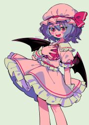 Rule 34 | 1girl, arm at side, ascot, bat wings, black wings, blue hair, blush stickers, bow, dot nose, embodiment of scarlet devil, fang, feet out of frame, flat chest, frilled shirt, frilled skirt, frills, green background, hair between eyes, halftone, hand on own chest, hand up, hat, hat bow, hat ribbon, highres, looking at viewer, medium hair, menma (enaic31), mob cap, multicolored clothes, multicolored shirt, multicolored skirt, nail polish, open mouth, pink shirt, pink skirt, red ascot, red bow, red eyes, red nails, red ribbon, remilia scarlet, ribbon, ribbon-trimmed shirt, shirt, short sleeves, simple background, skirt, skirt set, smile, solo, standing, straight hair, teeth, touhou, tsurime, twitter username, upper teeth only, white hat, white shirt, white skirt, white wrist cuffs, wings, wrist cuffs