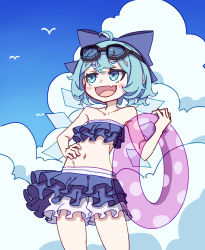 Rule 34 | 1girl, absurdres, bikini, blue bikini, blue bow, blue eyes, blue hair, blush stickers, bow, cirno, collarbone, cowboy shot, detached wings, fairy, fang, frilled bikini, frills, hair between eyes, hair bow, hand on own hip, highres, ice, ice wings, innertube, kame (kamepan44231), navel, open mouth, short hair, skin fang, smile, solo, swim ring, swimsuit, touhou, wings