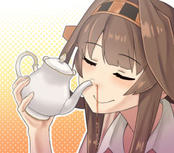 Rule 34 | 1girl, brown hair, commentary request, closed eyes, kantai collection, kongou (kancolle), misumi (niku-kyu), smile, solo, tea, teapot, you&#039;re doing it wrong