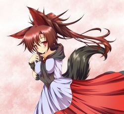Rule 34 | 1girl, animal ears, arm hair, breast rest, breasts, brooch, brown hair, collarbone, desukingu, dress, fur, g (genesis1556), gradient background, holding own arm, imaizumi kagerou, jewelry, layered dress, light smile, looking at viewer, messy hair, pink background, ponytail, red eyes, solo, tail, touhou, wolf ears, wolf tail