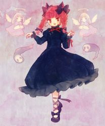 Rule 34 | 3girls, animal ears, bad id, bad twitter id, blush, bow, braid, cat ears, closed eyes, dress, fairy wings, fang, full body, gradient background, hair bow, hair ornament, hair ribbon, kaenbyou rin, leg ribbon, long sleeves, mary janes, multiple girls, open mouth, puffy sleeves, red eyes, red hair, ribbon, shoes, skull, sleeves past wrists, smile, touhou, twin braids, wings, yujup, zombie fairy (touhou)