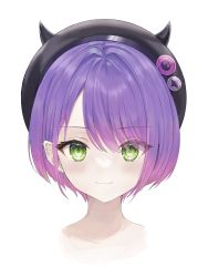Rule 34 | 1girl, black hat, blush, closed mouth, commentary, ear piercing, english commentary, eyes visible through hair, fake horns, green eyes, hat, highres, hololive, horned headwear, horns, looking at viewer, multicolored hair, piercing, pink hair, portrait, purple hair, rikkusu, simple background, smile, solo, tokoyami towa, two-tone hair, virtual youtuber, white background