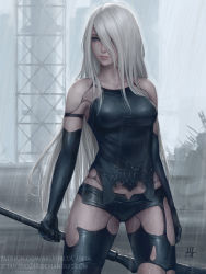 Rule 34 | 1girl, black dress, breasts, day, dress, gloves, highres, long hair, medium breasts, mole, mole under mouth, nier (series), nier:automata, outdoors, realistic, revision, sciamano240, solo, standing, white hair, a2 (nier:automata)