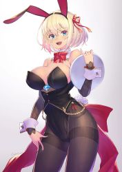 Rule 34 | 1girl, animal ears, bare shoulders, black leotard, black pantyhose, blonde hair, blue eyes, blush, bow, bowtie, breasts, cleavage, detached collar, detached sleeves, fake animal ears, fake tail, gloves, hair ribbon, hairband, highres, holding, large breasts, leotard, open mouth, original, pantyhose, playboy bunny, rabbit ears, rabbit tail, ribbon, short hair, simple background, smile, solo, strapless, strapless leotard, tail, takamine nadare, tray, white background, wrist cuffs