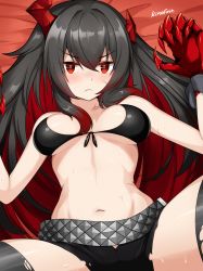 Rule 34 | 1girl, :&lt;, asymmetrical horns, azur lane, bare shoulders, bed sheet, belt, bikini, bikini top only, black bikini, black hair, black shorts, black thighhighs, blush, breasts, claws, cleavage, closed mouth, collarbone, colored inner hair, commentary, cowboy shot, front-tie bikini top, front-tie top, groin, hair between eyes, hands up, highres, horns, kimofest, long hair, looking at viewer, lying, magdeburg (azur lane), medium breasts, midriff, multicolored hair, navel, on back, red eyes, red hair, scar, scar on arm, scar on face, scar on stomach, short shorts, shorts, sidelocks, signature, solo, studded belt, sweat, swimsuit, thighhighs, torn clothes, torn shorts, torn thighhighs