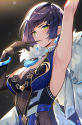 Rule 34 | 1girl, absurdres, arm up, armpits, braid, breasts, brown gloves, cleavage, earrings, elbow gloves, genshin impact, gloves, goroo (eneosu), green eyes, highres, jewelry, light smile, looking at viewer, medium breasts, mole, mole on breast, purple hair, short hair, single elbow glove, solo, upper body, yelan (genshin impact)