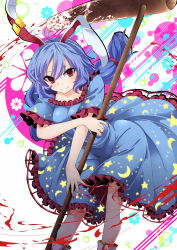 Rule 34 | 1girl, animal ears, blue dress, blue hair, boots, breasts, rabbit ears, closed mouth, collarbone, crescent, dress, earclip, frilled dress, frills, hair between eyes, highres, kine, leaning forward, looking at viewer, mallet, medium breasts, red eyes, rihito (usazukin), seiran (touhou), short sleeves, smile, solo, star (symbol), touhou, twintails, white footwear