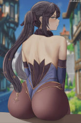 Rule 34 | 1girl, absurdres, angry, ass, back, bare back, bare shoulders, black pantyhose, blue eyes, blurry, blurry background, blush, closed mouth, elbow gloves, from behind, genshin impact, gloves, highres, huge ass, leotard, long hair, looking back, mona (genshin impact), oroborus, outdoors, pantyhose, purple hair, scarf, sitting, solo, twintails