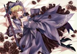 Rule 34 | 1girl, artoria pendragon (fate), black flower, black rose, blonde hair, breasts, cleavage, dress, excalibur morgan (fate), fate/stay night, fate (series), flower, high heels, medium breasts, pulaisen, rose, saber (fate), saber alter, solo, yellow eyes