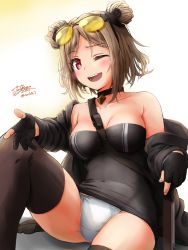 Rule 34 | 1girl, black gloves, black thighhighs, blush, breasts, brown hair, cleavage, collarbone, commentary request, copyright request, double bun, eyewear on head, gloves, hair bun, highres, large breasts, looking at viewer, one eye closed, panties, parted bangs, red eyes, smile, solo, sunglasses, sunglasses on head, teeth, thighhighs, underwear, upper teeth only, white panties, yukinoshiro