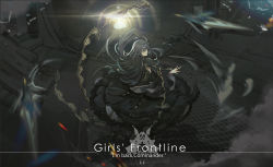 Rule 34 | 1girl, ahoge, text background, black dress, black hair, commentary request, copyright name, dandelion (girls&#039; frontline), dress, dress straps, english text, frilled dress, frills, from side, full body, girls&#039; frontline, grate, headgear, highres, indoors, light bulb, light particles, light rays, long dress, long hair, long sleeves, mai (xskdizzy), mechanical legs, outstretched arm, outstretched hand, shuriken, sidelocks, solo, standing, tunnel, very long hair, weapon, wide sleeves, yellow eyes
