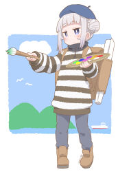 Rule 34 | 1girl, backpack, bag, beret, black pants, blue eyes, blue headwear, blush, boat, boots, border, brown bag, brown footwear, closed mouth, cloud, dated, hair bun, hat, highres, hill, holding, holding paintbrush, holding palette, original, outside border, paintbrush, palette (object), pants, passpartout: the starving artist, passport, samansa ex, shirt, sky, standing, striped clothes, striped shirt, sweater, tabasa (samansa ex), two-tone sweater, water, watercraft, white border, white hair, white sweater