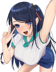 Rule 34 | 1girl, :d, arm up, armpits, beijuu, blue eyes, blue skirt, breasts, hair ornament, highres, krt girls, large breasts, lips, long hair, one side up, open mouth, shirt, sidelocks, skirt, smile, solo, w, white background, white shirt, xiao qiong