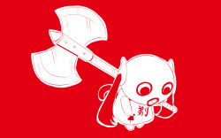 Rule 34 | 1girl, apple dot com (vocaloid), axe, battle axe, blood, blood on clothes, bowing, commentary, doushite-chan, highres, holding, holding axe, holding weapon, long hair, monochrome, official art, pinocchio-p, red background, red theme, solo, tail, twintails, very long hair, vocaloid, weapon