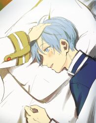 Rule 34 | 1boy, 1girl, blue eyes, blue hair, blue jacket, blush, chamwa, commentary, english commentary, frieren, hand on another&#039;s head, himmel (sousou no frieren), jacket, mole, mole under eye, on bed, parted lips, pillow, short hair, smile, sousou no frieren, sweatdrop, under covers