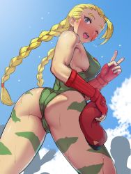 Rule 34 | 1girl, absurdres, ahoge, ass, bare shoulders, beret, blonde hair, blue eyes, blue sky, blush, bodypaint, boris (noborhys), braid, breasts, cammy white, camouflage, commentary request, crotch seam, day, facial scar, fingerless gloves, from behind, from below, gloves, green leotard, hair slicked back, hat, unworn hat, unworn headwear, highres, holding, holding clothes, huge ahoge, huge ass, legs apart, leotard, long hair, looking at viewer, looking back, looking down, medium breasts, one eye closed, open mouth, outdoors, scar, scar on cheek, scar on face, sideboob, silhouette, sky, sleeveless, smile, solo focus, standing, street fighter, street fighter ii (series), sweat, twin braids, twisted torso, v, very long hair, wide hips, wink