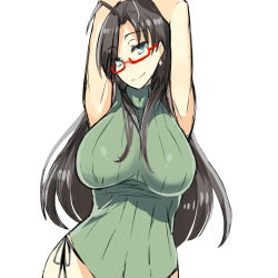 Rule 34 | 10s, 1girl, armpits, arms up, black hair, breasts, glasses, green eyes, hasegawa chisato, large breasts, long hair, q (a72pgc), shinmai maou no testament, sleeveless, sleeveless turtleneck, solo, turtleneck