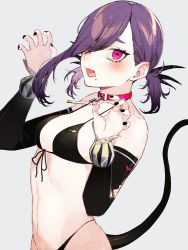 Rule 34 | 1girl, absurdres, bare shoulders, belt collar, bikini, black bikini, black nails, black sleeves, blush, breasts, claw pose, collar, collarbone, commentary request, copyright request, detached sleeves, front-tie bikini top, front-tie top, grey background, hair over one eye, hands up, highres, kayahara, long sleeves, looking at viewer, low twintails, medium hair, mole, mole under mouth, nail polish, navel, open mouth, pink eyes, purple hair, red collar, short twintails, simple background, small breasts, solo, swept bangs, swimsuit, tail, twintails, upper body