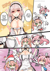 Rule 34 | 3girls, :d, afterimage, ahoge, aircraft, airplane, alternate language, azur lane, bare shoulders, beret, blue dress, blush, bouncing breasts, breast envy, breasts, brown skirt, chibi, cleavage, closed mouth, collarbone, comic, crop top, dragon girl, dragon horns, dragon tail, dress, fang, fang out, frilled skirt, frills, green eyes, green hair, hat, head bump, headband, heart, highres, hm (hmongt), horns, large breasts, leaning forward, long hair, midriff, multiple girls, notice lines, open mouth, panties, pantyhose, pink hair, puffy short sleeves, puffy sleeves, purple eyes, ryuujou (azur lane), saratoga (azur lane), shirt, short sleeves, single horn, sirius (azur lane), skirt, sleeveless, sleeveless dress, smile, sweat, tail, throwing, twintails, twitter username, underwear, very long hair, white hat, white panties, white shirt