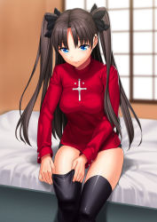 Rule 34 | 1girl, absurdres, adjusting clothes, adjusting legwear, black hair, black thighhighs, blue eyes, dressing, fate/stay night, fate (series), hair ribbon, highres, long hair, looking down, on bed, red sweater, ribbon, sitting, solo, sweater, tel, thighhighs, tohsaka rin, twintails, two side up