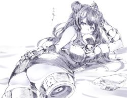 Rule 34 | 1girl, abyssal ship, amputee, ass, breasts, commentary request, double amputee, double bun, dress, food, food in mouth, hair bun, hand on own ass, hand on own head, kantai collection, large breasts, light cruiser oni, looking at viewer, mechanical arms, mouth hold, panties, senbei, short dress, solo, sumisu (mondo), thong, translation request, underwear