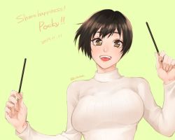 Rule 34 | 1girl, 2017, alternate costume, amanai kanoka, aotama, arms up, black hair, breasts, eyebrows, eyelashes, female focus, food, grin, haikyuu!!, happy, holding, holding food, large breasts, looking at viewer, pocky, short hair, simple background, smile, solo, sweater, upper body, white sweater, wide-eyed