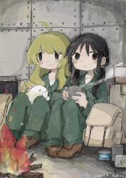Rule 34 | 156m, 2girls, :3, against wall, ahoge, backpack, bag, black eyes, black hair, blonde hair, blue eyes, blush, brown footwear, campfire, can, canned food, chito (shoujo shuumatsu ryokou), closed mouth, concrete, creature, creature on lap, cup, dated, fire, frown, full body, green jacket, green pants, hair over shoulder, highres, holding, holding cup, hot drink, jacket, knees up, long hair, long sleeves, looking at viewer, low twintails, mug, multiple girls, no sclera, nuko (shoujo shuumatsu ryokou), pants, shirt, shoes, shoujo shuumatsu ryokou, signature, sitting, smile, steam, twintails, unworn bag, white shirt, yuuri (shoujo shuumatsu ryokou)