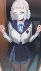 1girl black_overskirt blue_eyes blue_ribbon blue_skirt blush covered_mouth deras gakuen_idolmaster grey_hair hair_ribbon half_up_braid hatsuboshi_gakuen_school_uniform highres idolmaster jacket katsuragi_lilja long_sleeves looking_at_viewer mask mouth_mask neck_ribbon pleated_skirt ribbon ribbon_braid school_uniform shirt short_hair skirt solo surgical_mask twitter_username white_jacket white_mask white_shirt