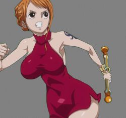 Rule 34 | 1girl, animated, animated gif, bare arms, bare shoulders, bouncing breasts, breasts, brown eyes, curvy, dress, female focus, holding, holding weapon, jiggle, large breasts, long hair, looking away, looking back, nami (one piece), one piece, open mouth, orange hair, red dress, running, shiny clothes, shiny skin, short dress, shoulder tattoo, simple background, solo, staff, talking, tattoo, teeth, third-party edit, weapon