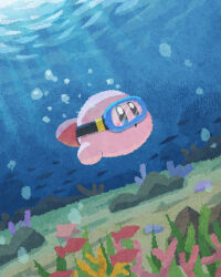 Rule 34 | air bubble, blue eyes, blush stickers, bubble, coral, fish, goggles, highres, kirby, kirby (series), miclot, nintendo, no humans, ocean, open mouth, pink footwear, rock, seaweed, shoes, sunlight, underwater
