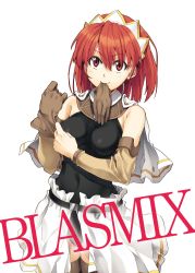 Rule 34 | 00s, 1girl, absurdres, adjusting clothes, adjusting gloves, breasts, cecily cambell, detached sleeves, gloves, highres, leotard, luna (reclaimed land), mouth hold, red eyes, red hair, seiken no blacksmith, short hair, solo, thighhighs