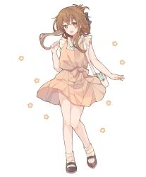 Rule 34 | 1girl, alternate costume, bad id, bad twitter id, black footwear, blouse, brown eyes, brown hair, casual, commentary request, dress, folded ponytail, full body, inazuma (kancolle), kantai collection, long hair, mary janes, orange dress, shakemi (sake mgmgmg), shirt, shoes, simple background, socks, solo, standing, white background, white shirt, white socks